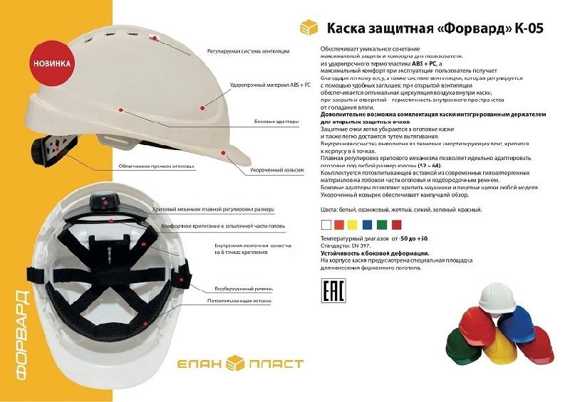 Каска защитная ЕЛАНПЛАСТ ФОРВАРД синяя (ленточное оголовье, храповый механизм)